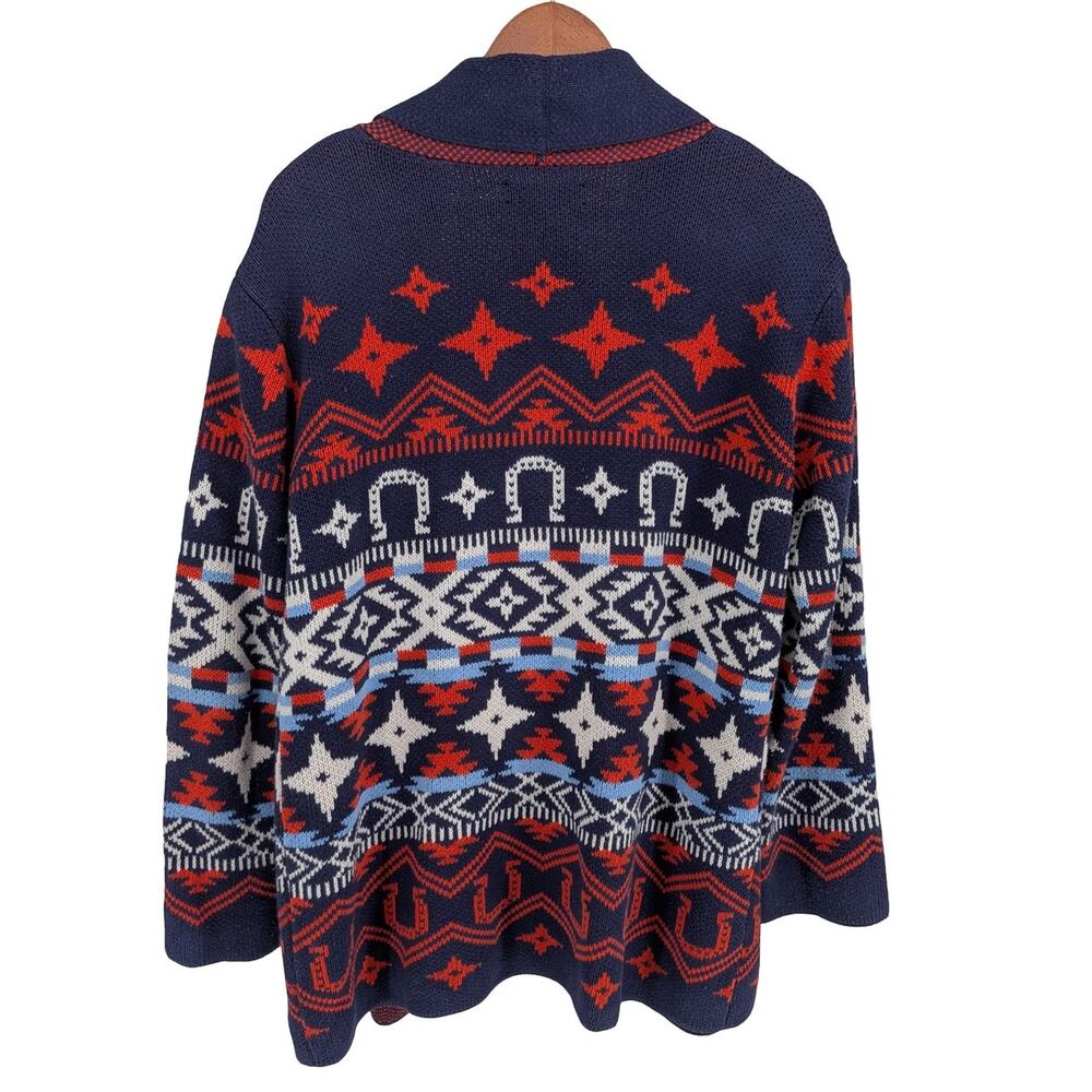 Lucky Brand Southwestern Open Front Cardigan Navy Orange Cotton Blend Size L - Picture 3 of 6